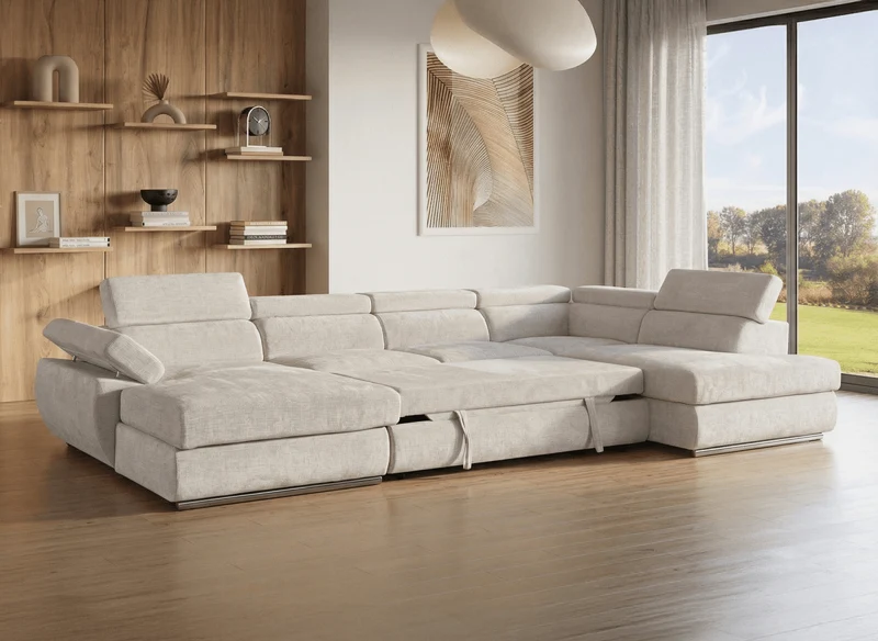 Canapé panoramique convertible avec coffre en velours chiné beige MARIANO- Angle gauche