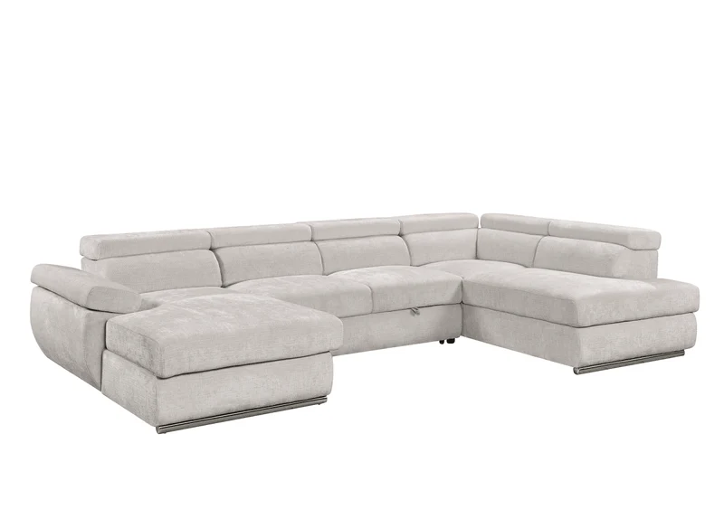 Canapé panoramique convertible avec coffre en velours chiné beige MARIANO- Angle gauche