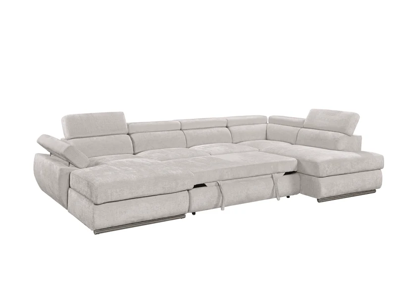 Canapé panoramique convertible avec coffre en velours chiné beige MARIANO- Angle gauche