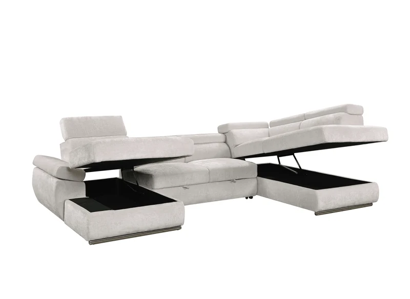 Canapé panoramique convertible avec coffre en velours chiné beige MARIANO- Angle gauche