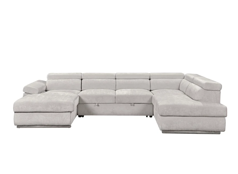 Canapé panoramique convertible avec coffre en velours chiné beige MARIANO- Angle gauche