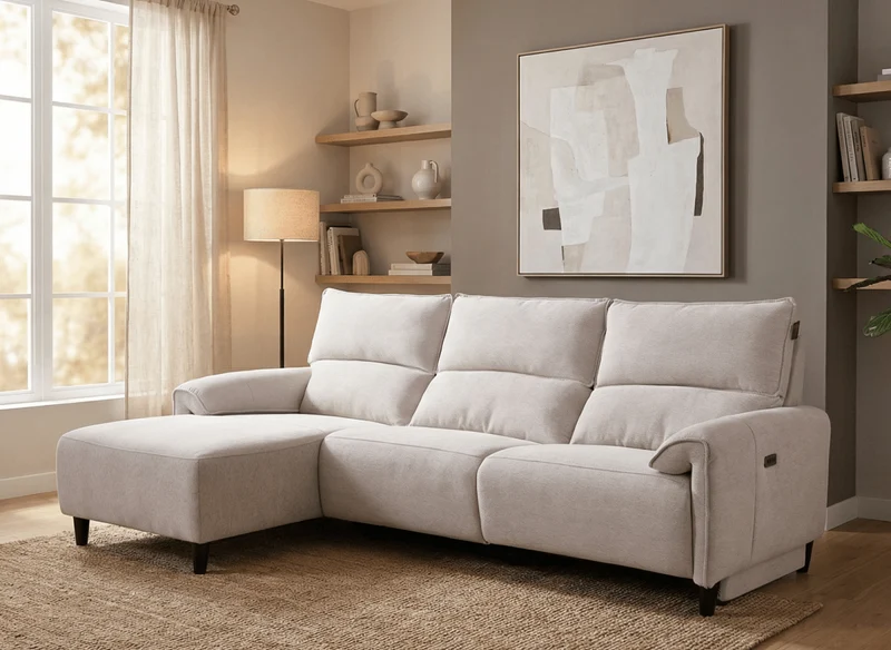 Canapé d’angle relax électrique en tissu beige LUDMILA - Angle gauche