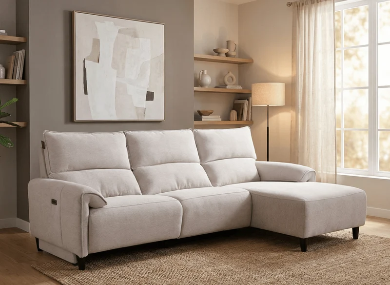 Canapé d’angle relax électrique en tissu beige LUDMILA - Angle droit