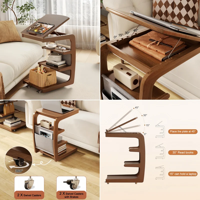 Table d'appoint roulante en bois massif avec étagère de rangement et plateau inclinable