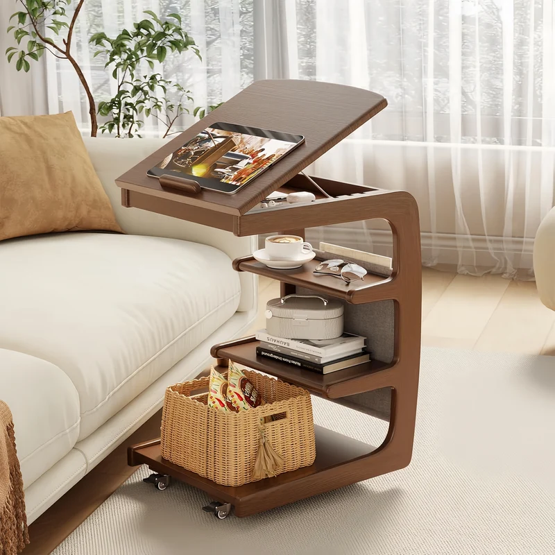 Table d'appoint roulante en bois massif avec étagère de rangement et plateau inclinable