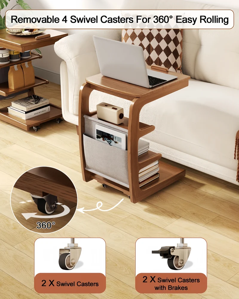 Table d'appoint roulante en bois massif avec étagère de rangement et plateau inclinable