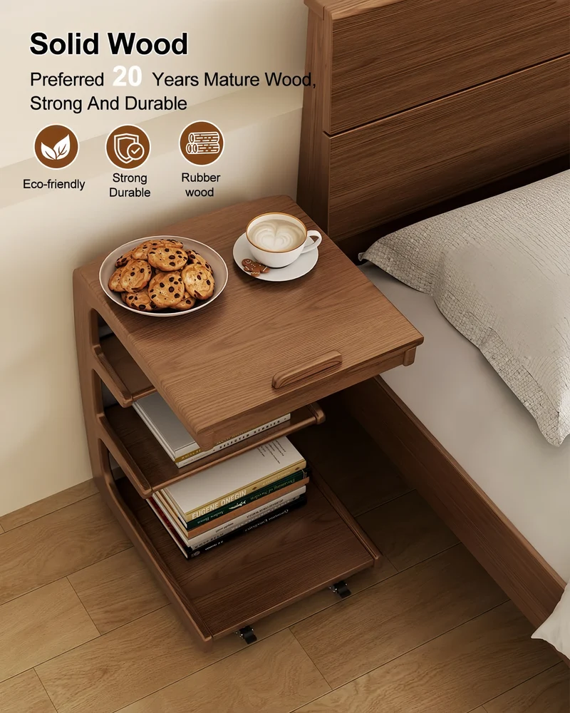 Table d'appoint roulante en bois massif avec étagère de rangement et plateau inclinable