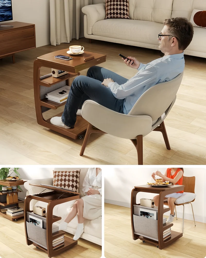 Table d'appoint roulante en bois massif avec étagère de rangement et plateau inclinable