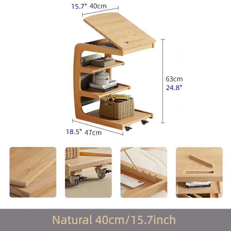 Table d'appoint roulante en bois massif avec étagère de rangement et plateau inclinable