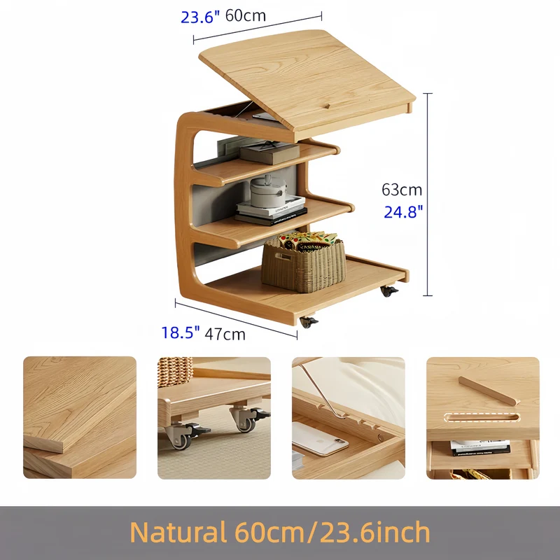Table d'appoint roulante en bois massif avec étagère de rangement et plateau inclinable