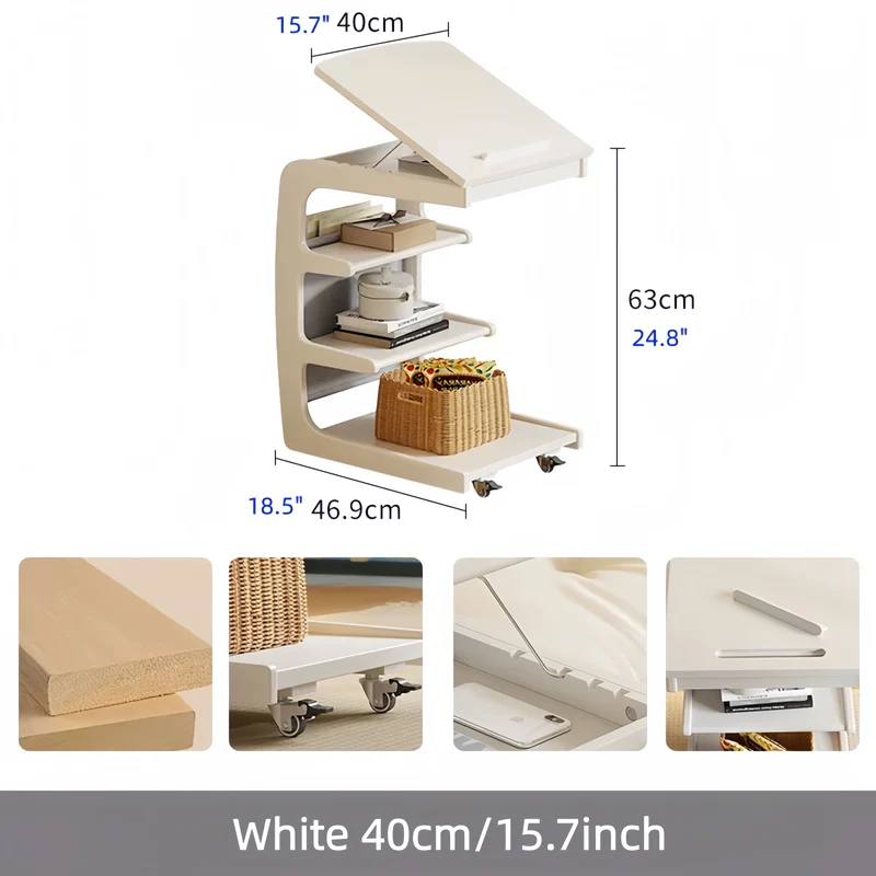 Table d'appoint roulante en bois massif avec étagère de rangement et plateau inclinable