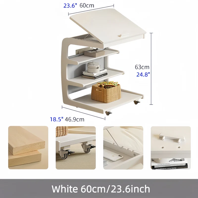 Table d'appoint roulante en bois massif avec étagère de rangement et plateau inclinable