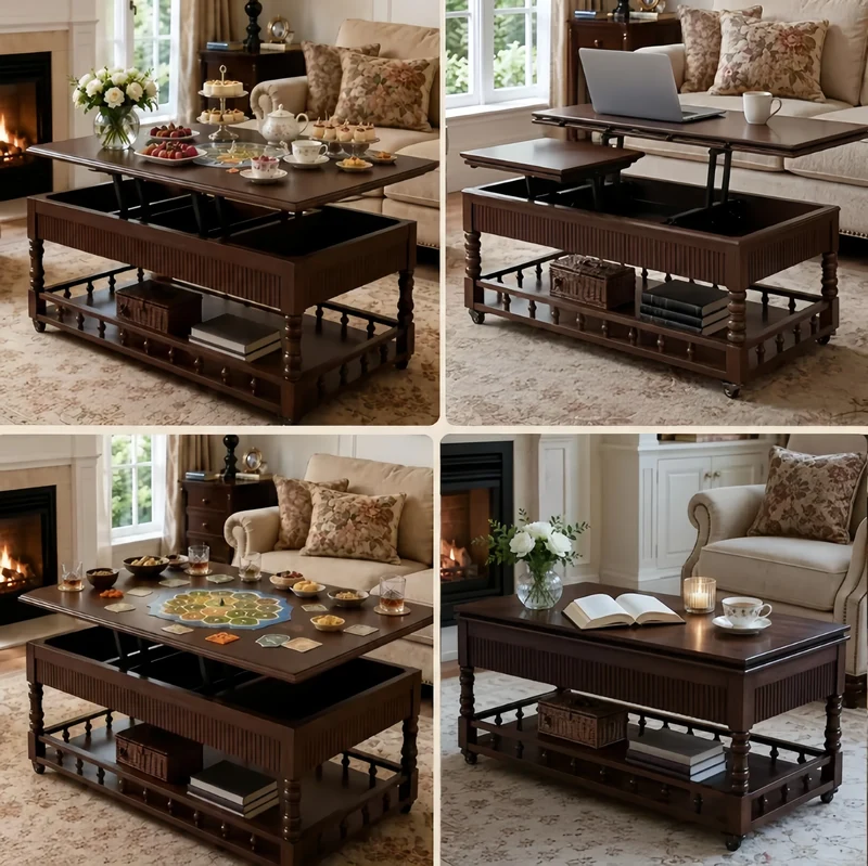Table basse relevable 3 en 1 en bois massif style rétro nordique avec roulettes universelles