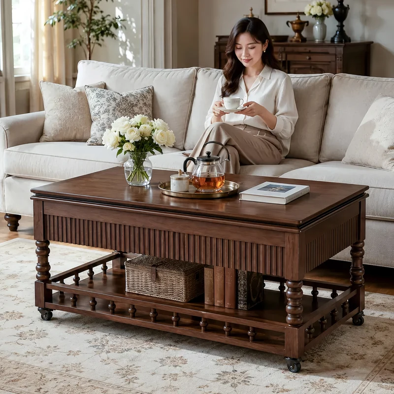 Table basse relevable 3 en 1 en bois massif style rétro nordique avec roulettes universelles