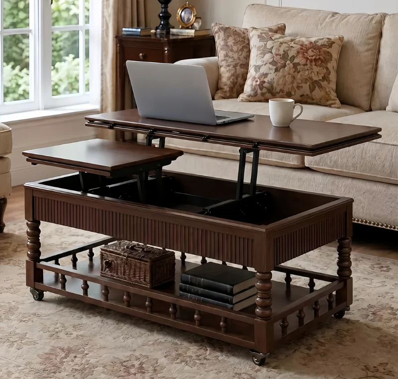 Table basse relevable 3 en 1 en bois massif style rétro nordique avec roulettes universelles
