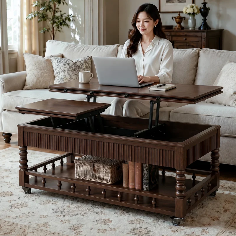 Table basse relevable 3 en 1 en bois massif style rétro nordique avec roulettes universelles