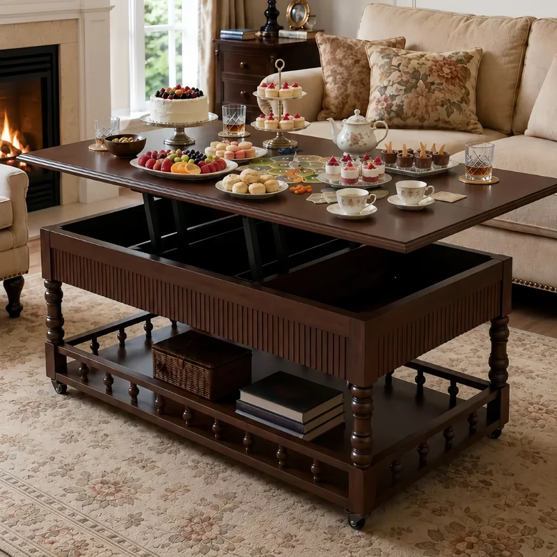Table basse relevable 3 en 1 en bois massif style rétro nordique avec roulettes universelles