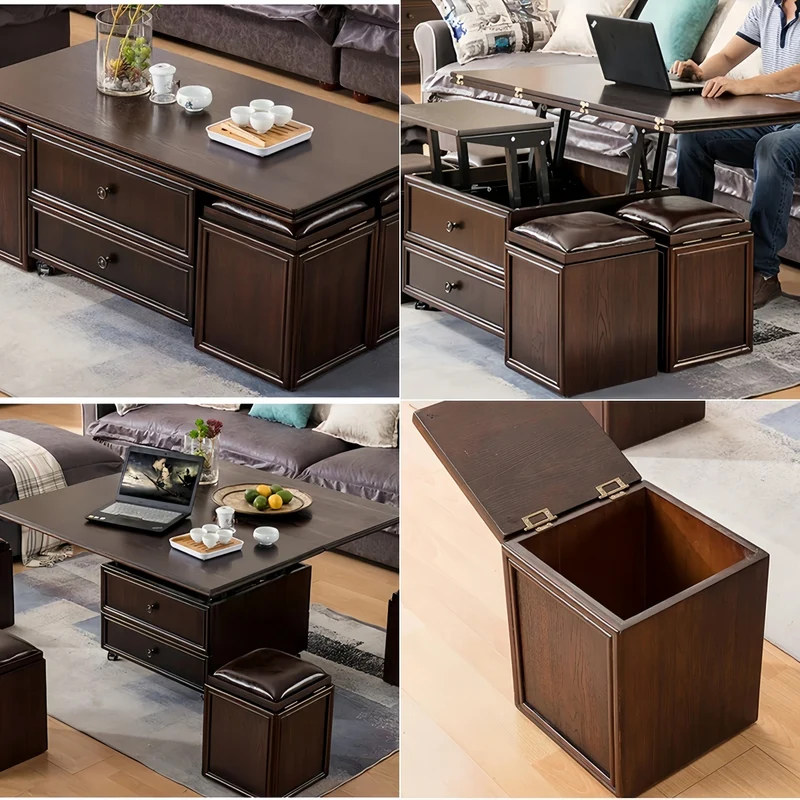 Table basse relevable 3 en 1 en bois massif style rétro nordique avec roulettes universelles