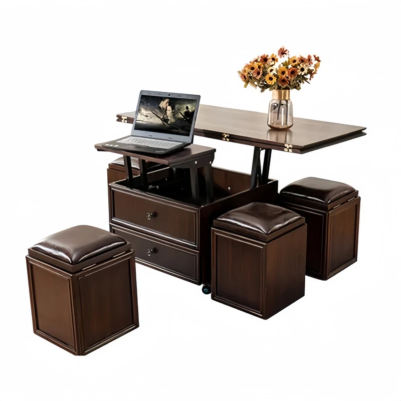 Table basse relevable 3 en 1 en bois massif style rétro nordique avec roulettes universelles