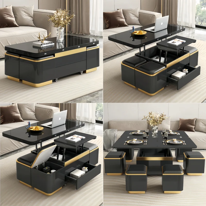 Table basse multifonctionnelle 3 en 1, style luxueux et léger, finition laquée, avec roulettes universelles