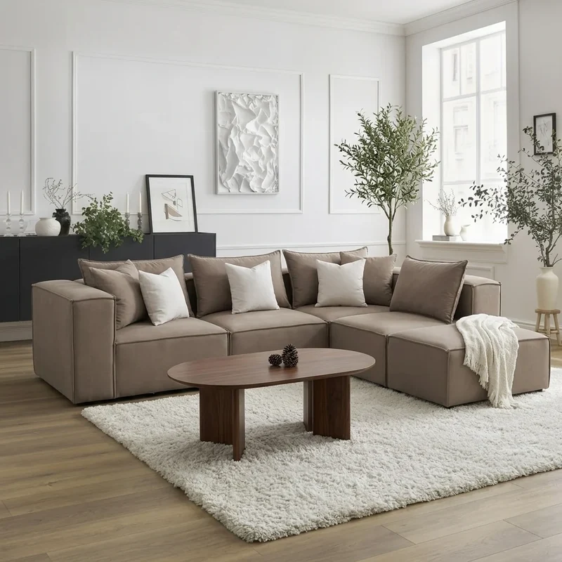 Canapé Modulable - Velours Moka - 4 Places + 1 Pouf