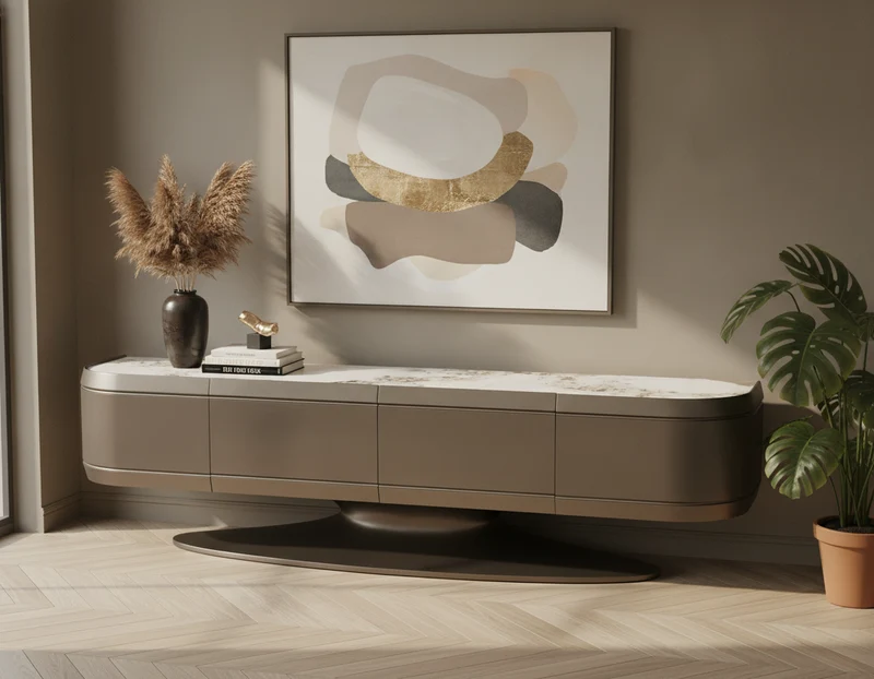 Meuble TV - Plateau Céramique Effet Marbre & Piètement Bronze