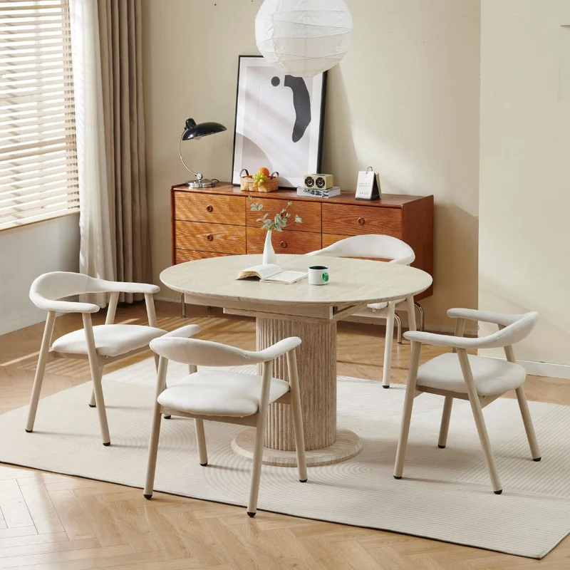 Table à manger extensible Sofia 125/165 cm – Céramique travertin & pied effet travertin