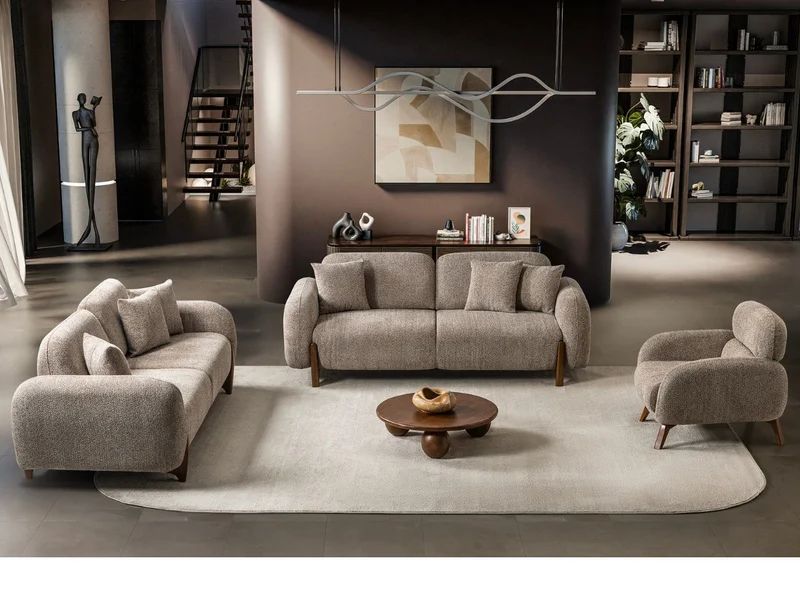 Salon Complet Bouclé 3+3 Places + Fauteuil — Tissu Bouclé Premium, Pieds Bois Noyer, Design Contemporain