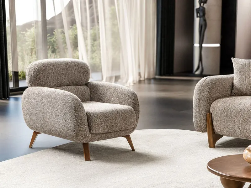 Salon Complet Bouclé 3+3 Places + Fauteuil — Tissu Bouclé Premium, Pieds Bois Noyer, Design Contemporain