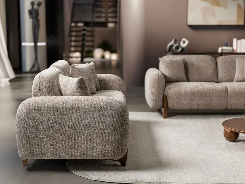 Salon Complet Bouclé 3+3 Places + Fauteuil — Tissu Bouclé Premium, Pieds Bois Noyer, Design Contemporain