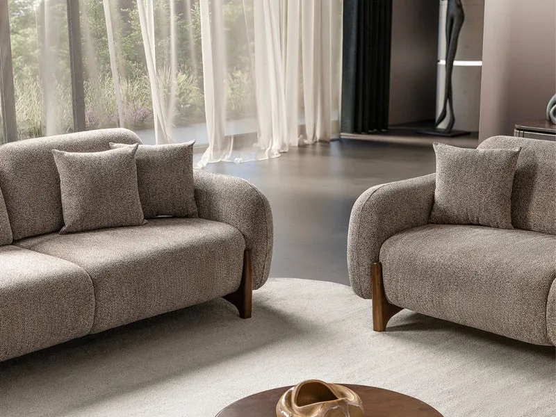 Salon Complet Bouclé 3+3 Places + Fauteuil — Tissu Bouclé Premium, Pieds Bois Noyer, Design Contemporain