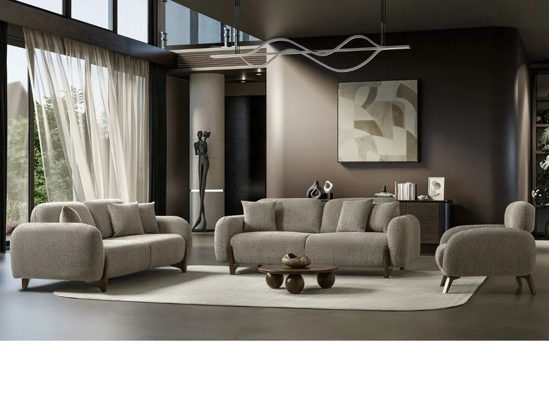 Salon Complet Bouclé 3+3 Places + Fauteuil — Tissu Bouclé Premium, Pieds Bois Noyer, Design Contemporain