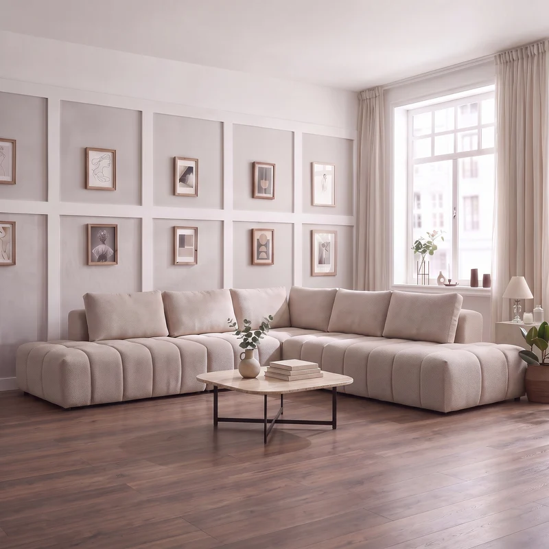 Canapé d’angle Liyah 295x295 cm en laine rasée beige crème – Grand canapé design moderne et confortable