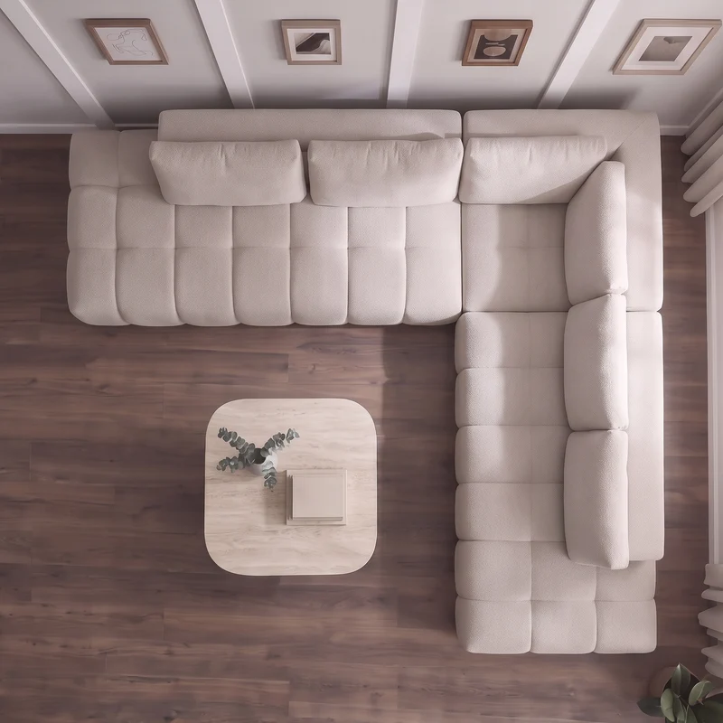 Canapé d’angle Liyah 295x295 cm en laine rasée beige crème – Grand canapé design moderne et confortable