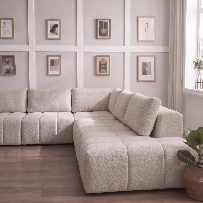 Canapé d’angle Liyah 295x295 cm en laine rasée beige crème – Grand canapé design moderne et confortable