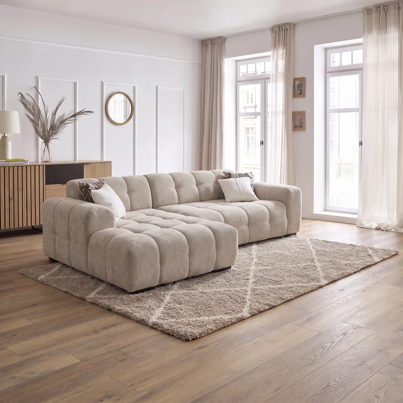 Canapé d’angle convertible Bubble 275x175 cm en laine rasée blanc cassé – Angle droit ou gauche – Design moderne