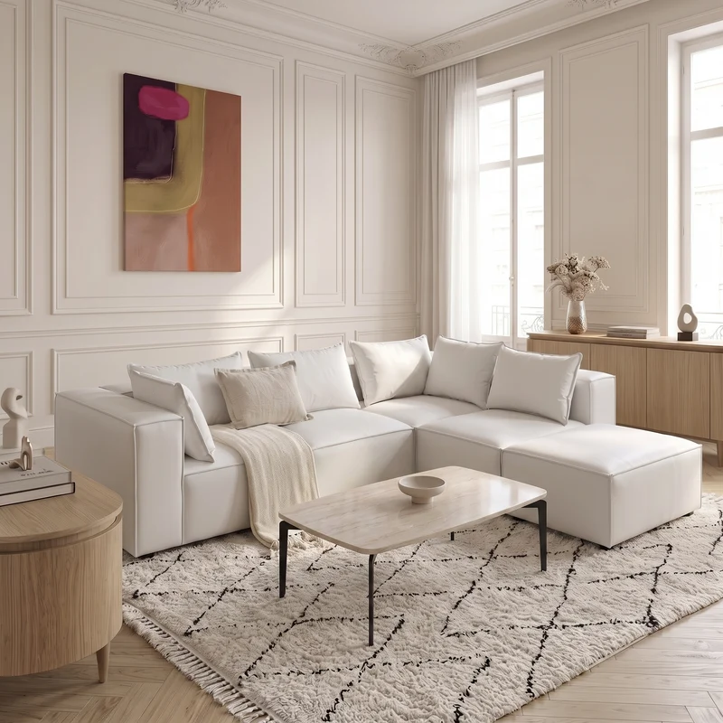Canapé Modulable 4 Places + Pouf en Velours Blanc