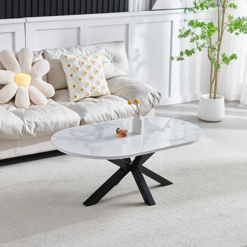 Table Basse Ophélia – Ovale – Plateau Céramique Effet Marbre – Pied Métal Noir – 120x70x45 cm