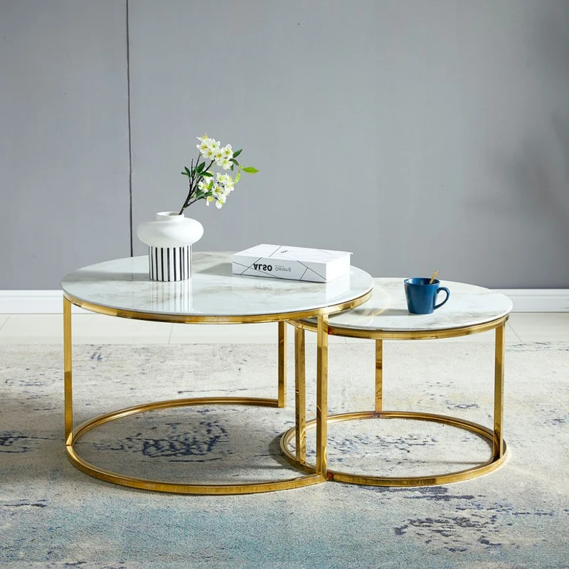 Tables Basses Gigognes Duo – Plateau Effet Marbre – Pied Doré