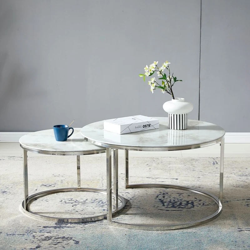 Tables Basses Gigognes Duo – Plateau Effet Marbre – Pied Chrome