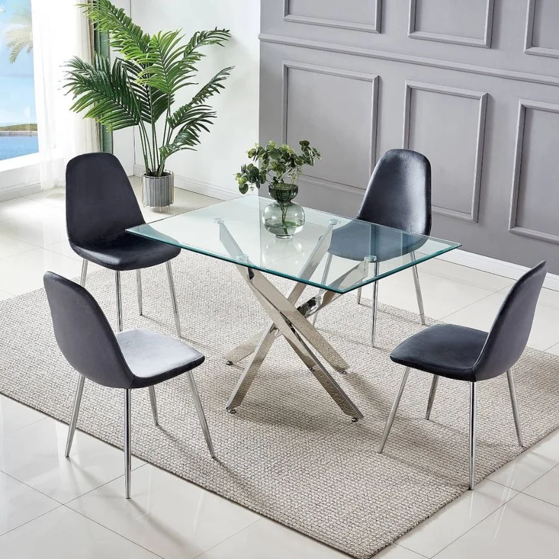 Table à Manger Olivia – Plateau en Verre Rectangulaire – Pied Chrome – 150 cm
