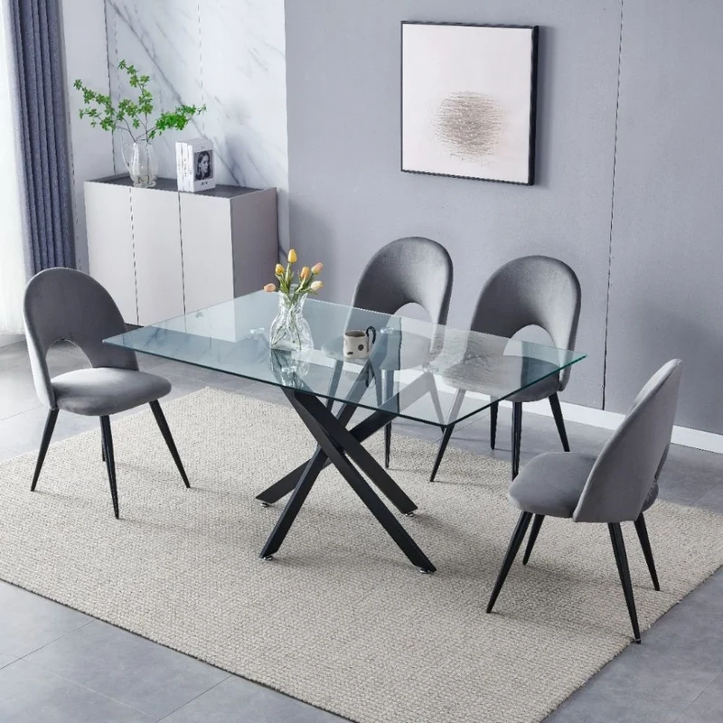 Table à Manger Olivia – Plateau en Verre – Pied Noir – 150 cm