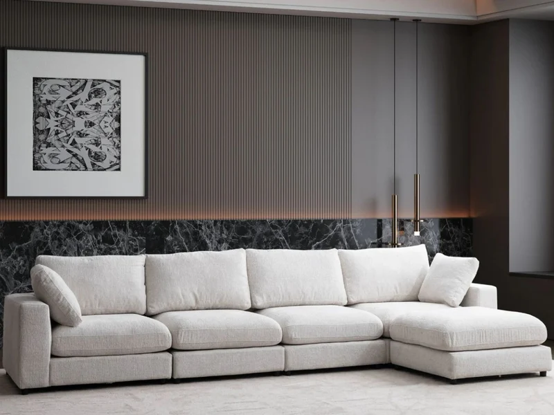 Canapé Julia Modulable - Tissu Chenille Blanc - 4 Places + 1 Pouf