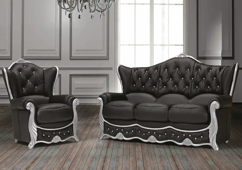 Canapé baroque argenté cuir noir DIANA