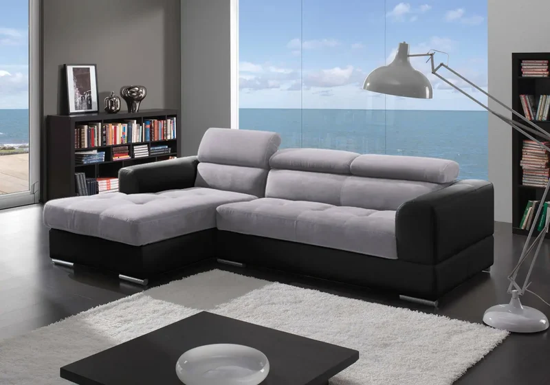 Canapé d'angle modulable cuir noir et tissu gris - Alexa