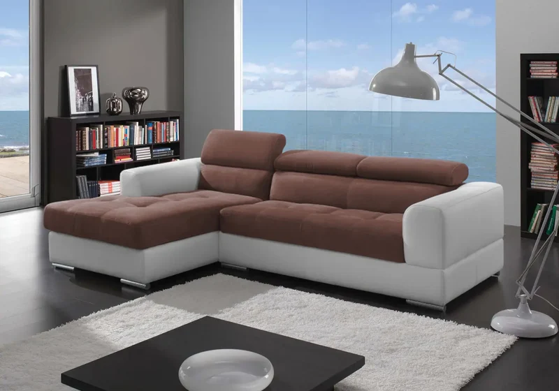 Canapé d'angle modulable cuir blanc tissu choco - Alexa