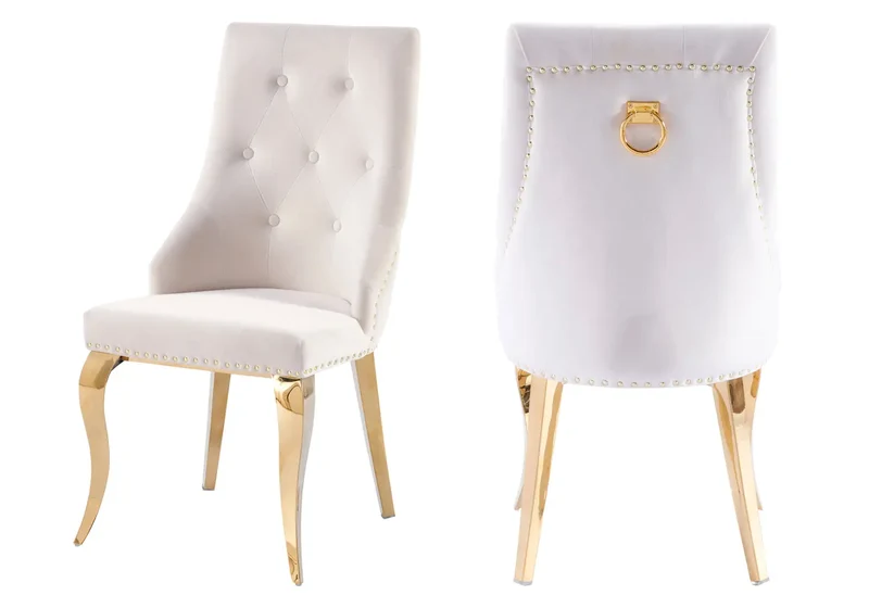 Chaises cloutées en velours écru et anneau doré - Lara x4