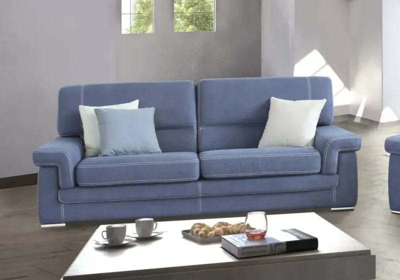 Canapé droit fixe en tissu bleu avec surpiqûres - Leia