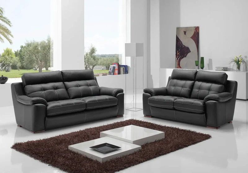 Canapé droit relax ou fixe en cuir noir - Marc
