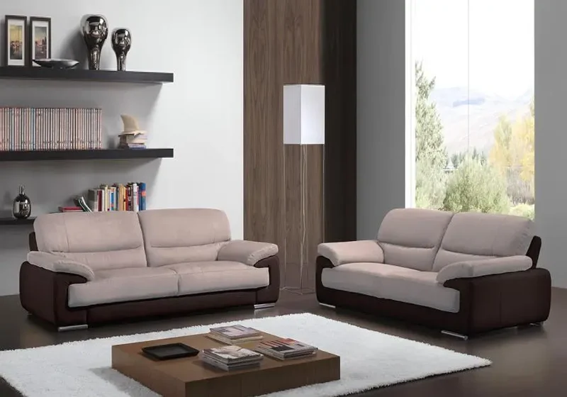 Canapé droit bicolore en cuir et microfibre beige - Anne
